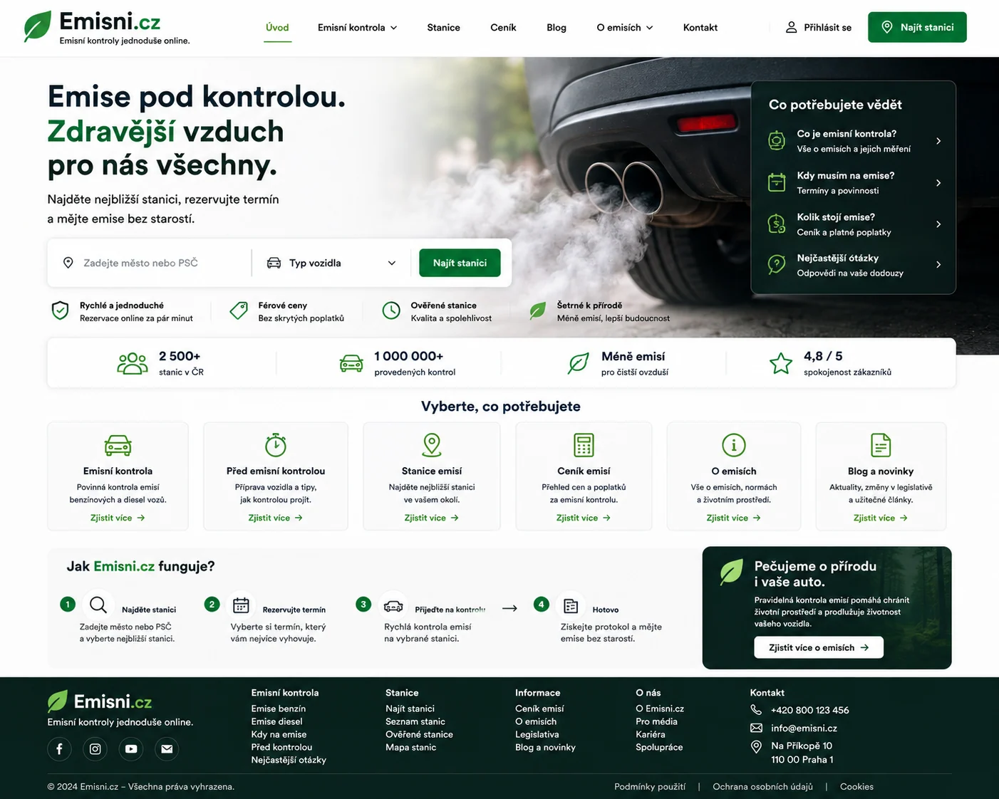 Návrh zeleného portálu Emisni.cz pro vyhledání stanice emisní kontroly, rezervaci termínu a praktické informace